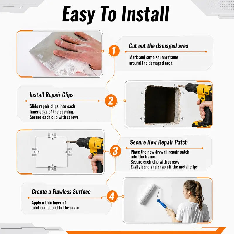 🔩 1/2 Inch Drywall Repair Clips Kit, Metal‑Backed Wall Hole Repair Tools with Screws for Home Renovation